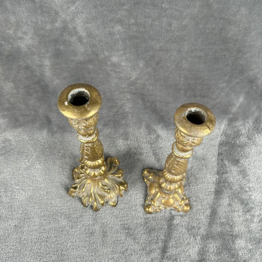 Vintage Antique Gold Cast Metal Candlestick Holders Pair Ornate Heavy Taper Set